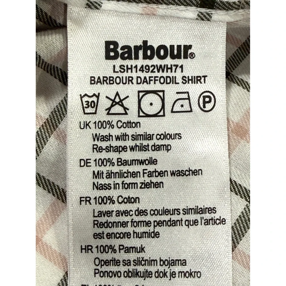 Barbour Daffodil Shirt Pink Green Plaid Ruffle Collar Puff Sleeve Cotton Size 6